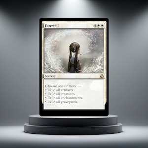 Op de afbeelding: Een Magic: The Gathering ruilkaart genaamd Farewell, met een sorcery spreuk met een kostprijs van 4 en twee witte mana-symbolen. De afbeelding toont een figuur met lang donker haar die in een paardenbloem blaast, omringd door een wervelende vortex.