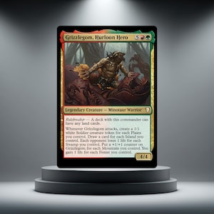 May include: A Magic: The Gathering trading card titled Grizzlegom, Hurloon Hero, featuring a minotaur warrior illustration. The card has a red and green border, a 4/4 power and toughness rating, and text detailing the Rulebreaker ability.