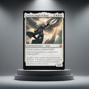 May include: A Magic: The Gathering card depicting Avacyn, Angel of Hope. The card has a black border and a white background with an illustration of a winged angel holding a spear. Text includes "Legendary Creature - Angel" and game mechanics.