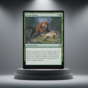 May include: A green "Food Chain" card depicting a tiger pursuing a wolf in a forest. The card includes the text "Enchantment" and a description of its function. The card is presented on a grey pedestal.