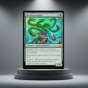 May include: A Magic: The Gathering card depicting the "Mossborn Hydra." The card is predominantly green and black, showcasing an illustration of a multi-headed hydra. Text details "Trample" and "Landfall" abilities.