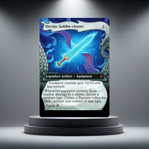 May include: A collectible trading card titled Orcrist, Goblin-cleaver, featuring a glowing blue sword illustration against a dark swirling background. The card text includes Legendary Artifact - Equipment, ability details, and an equip cost of 3.
