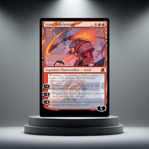 May include: A Magic: The Gathering trading card titled Ajani Unrelenting, featuring a feline warrior with flaming hair and chains. The card text details loyalty abilities, including creating Wizard Soldier tokens and dealing damage to creatures.