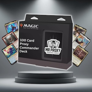 May include: A black box of 100 Card Proxy Commander Deck trading cards with the Magic: The Gathering logo. The box has the "MR PROXY TRADING CARDS" logo. Several colourful trading cards are displayed around the box.