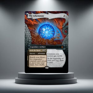 May include: A Magic: The Gathering trading card titled The Arkenstone, featuring a glowing blue orb atop a pile of gold coins, flanked by dragon scales. The card text includes Legendary Artifact, Seek the Heart, and game mechanics.