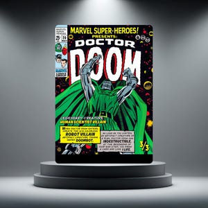 May include: A rectangular trading card featuring a comic book cover illustration of Doctor Doom in a green cape and metallic armour. The text reads Marvel Super-Heroes Presents Doctor Doom, Legendary Creature Human Scientist Villain, and 3/3.