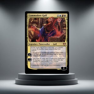Peut inclure: Une carte à collectionner Magic: The Gathering représentant Commodore Guff, un personnage barbu en robe bleue et dorée lançant de la magie rouge. La carte affiche du texte, des symboles de mana et des capacités avec une loyauté de 5.