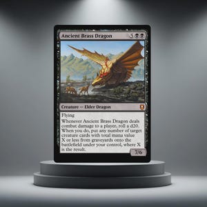 May include: A black Ancient Brass Dragon card. The card shows a detailed illustration of a golden dragon with outstretched wings, set against a backdrop of mountains and two deer. The card text includes "Creature - Elder Dragon" and "Flying".
