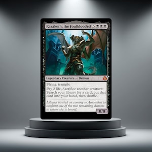 May include: A black Magic: The Gathering card depicting Razaketh, the Foulblooded, a demon with bat-like wings. The card text includes "Flying, trample" and game instructions. The card is displayed on a tiered platform.