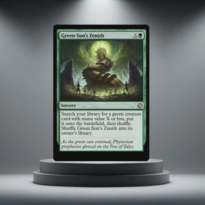 Peut inclure: Carte Magic: The Gathering "Green Sun's Zenith" en vert et noir. L'illustration montre une structure organique imposante avec des personnages. Le texte décrit la fonction de la carte en tant que sort.