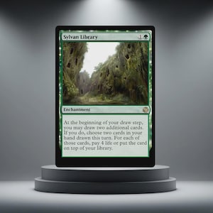 May include: A green Magic: The Gathering card labelled "Sylvan Library." The card shows a forest illustration and game text. The card is presented on a grey pedestal.