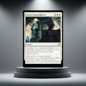 May include: A Magic: The Gathering trading card titled Clever Concealment. The card features an illustration of two figures in a dimly lit, cavernous space. The text includes the card name, mana cost, type, and rules text regarding the convoke ability.