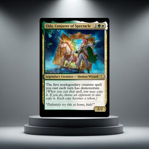 May include: A Magic: The Gathering trading card titled Elda, Conjurer of Spectacle, featuring a human wizard and a unicorn stepping through a golden frame. The card text includes rules for the demonstrate ability and a 2/2 power and toughness.