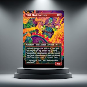 May include: A rectangular trading card titled Wild-Magic Sorcerer featuring a vibrant, neon-coloured illustration of a blue-skinned orc shaman sorcerer casting magic. The card text details the creature type and abilities, with a power and toughness of 4/3.