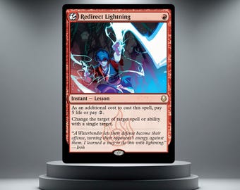 May include: A red trading card labelled "Redirect Lightning" featuring an illustration of a character controlling lightning. The card has text detailing the spell's effects and a quote from Iroh. The card is presented on a grey pedestal.