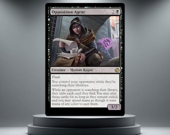 May include: A Magic: The Gathering trading card titled Opposition Agent. The card features a hooded figure in brown and tan clothing holding papers, with a purple magical aura nearby. The text includes the name, mana cost, type, and rules.