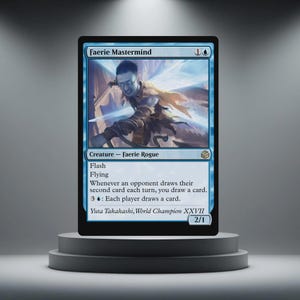 May include: A blue Faerie Mastermind card from the Magic: The Gathering trading card game. The card features an illustration of a person with glasses and a cape. Text includes "Faerie Mastermind", "Creature - Faerie Rogue", and "Yuta Takahashi, World Champion XXVII".