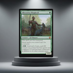 May include: A green Magic: The Gathering card, "Allosaurus Shepherd." The card shows an elf shaman with a spear, with dinosaurs in the background. The text details the card's abilities and creature type, "Elf Shaman."