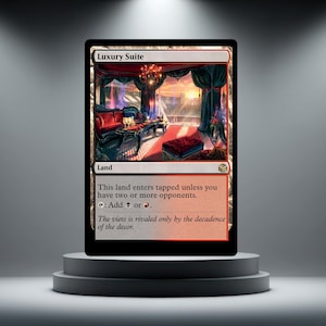 May include: A Magic: The Gathering card named "Luxury Suite." The card depicts a lavish room with red furnishings, a chandelier, and a sunset view. Text on the card details its gameplay rules and abilities.