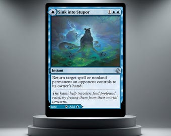 May include: A blue Magic: The Gathering trading card titled Sink into Stupor. The card features an illustration of a creature emerging from a dark, swampy pool. The text reads: Return target spell or nonland permanent an opponent controls to its owner's hand. The kami help travellers find profound relief, by freeing them from their mortal concerns.