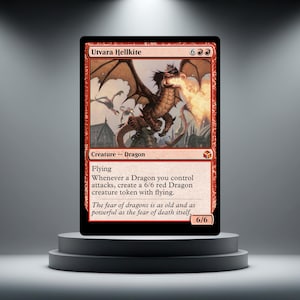 May include: A rectangular Magic: The Gathering trading card titled Utvara Hellkite. The card features a red dragon breathing fire, with text detailing its flying ability and token creation. The card has a 6/6 power and toughness rating.