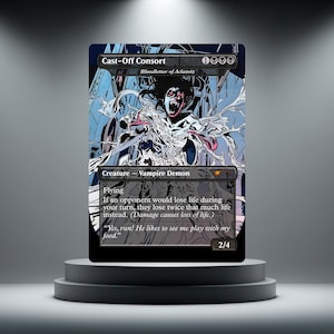 May include: A rectangular trading card titled Cast-Off Consort, featuring a vampire demon illustration with red eyes and sharp teeth. The card displays black, white, and light blue colours, with text detailing game abilities and a 2/4 power and toughness.
