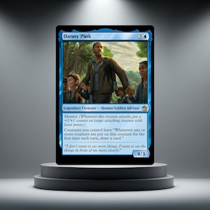 May include: A Magic: The Gathering trading card titled Danny Pink, featuring a blue border and artwork of a man in a brown jacket leading children through a forest. The card text includes the name, mana cost, creature type, and game abilities.