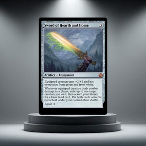 May include: A Magic: The Gathering trading card titled Sword of Hearth and Home. The card features an illustration of a glowing orange and green sword held aloft against a mountain landscape. The text details the artifact equipment rules and stats.
