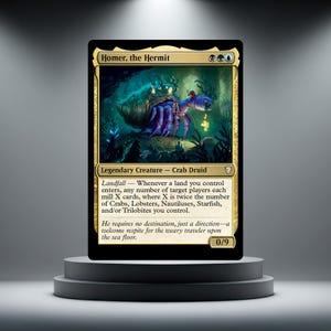 Peut inclure: Une carte à collectionner intitulée Homer, the Hermit, illustrant un crabe bleu dans un décor sous-marin. Le texte de la carte comprend le nom, les symboles de mana, le type de créature, la capacité Landfall et le texte d'ambiance, avec 0/9.