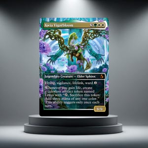 May include: A rectangular trading card titled Kwia Vigorbloom, featuring a green and brown winged creature amidst purple flowers and vines. The card text details abilities including flying, vigilance, lifelink, and ward, with a power and toughness of 6/6.
