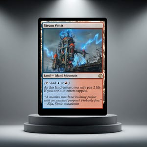 May include: A Magic: The Gathering card named "Steam Vents" depicting a futuristic city with blue lightning. The card is a Land - Island Mountain. The text includes a quote from Zija, Simic mutationist.