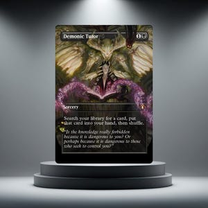 May include: A collectible trading card titled Demonic Tutor featuring a dark fantasy illustration of a figure reading a glowing book surrounded by ethereal purple energy and a large skeletal creature. The card text includes game rules and flavour text.