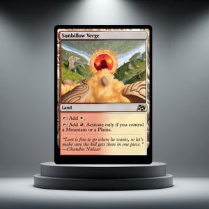 May include: A Magic: The Gathering card named "Sunbillow Verge" on a black display stand. The card shows a landscape with a bright orange sun, a cloudy formation, and text. The card is a "Land" card.