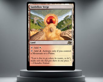 May include: A Magic: The Gathering card named "Sunbillow Verge" on a black display stand. The card shows a landscape with a bright orange sun, a cloudy formation, and text. The card is a "Land" card.
