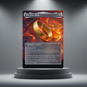 Könnte beinhalten: Eine Magic: The Gathering-Karte mit "The One Ring", einem goldenen Ring vor einem feurigen Hintergrund. Die Karte ist ein Legendäres Artefakt mit dem Text "Unzerstörbar". Die Karte wird auf einem grauen Podest präsentiert.