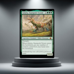 May include: A Magic: The Gathering card featuring Ghalta, Stampede Tyrant, a green Elder Dinosaur. The card art shows a large, green and red dinosaur roaring in a prehistoric landscape. The card text includes the creature's abilities and stats.