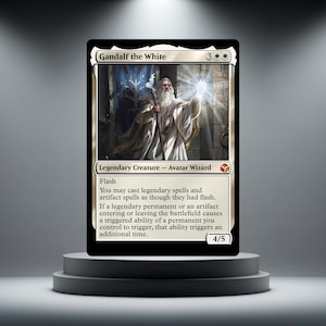 May include: A Magic: The Gathering trading card titled Gandalf the White, featuring a white-bearded figure in white robes holding a staff and glowing light. The card text includes the creature type Avatar Wizard, power and toughness 4/5, and rules text.
