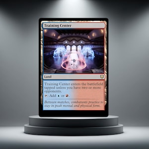 May include: A Magic: The Gathering card named "Training Centre" on a plinth. The card depicts a futuristic training scene with blue and red hues. Text on the card details its game function.