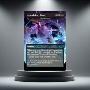 May include: A rectangular trading card titled Absorb into Time featuring a fantasy illustration of a winged figure in red robes casting blue energy at others. The card text includes the name, mana cost, type Sorcery, and game rules in white.