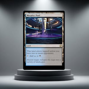 May include: A Magic: The Gathering card named "Morphic Pool" depicting a futuristic scene with a central structure and a glowing purple pool. The card has a black border and includes game text.