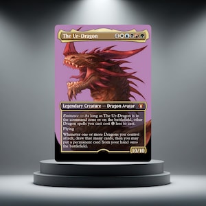May include: A collectible trading card titled The Ur-Dragon featuring a large red dragon with sharp horns and an open mouth. The card has a purple background, black text boxes, and displays the text Legendary Creature - Dragon Avatar, 10/10.
