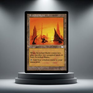 May include: A Scorched Ruins trading card featuring a landscape illustration of jagged rock formations against a bright orange sunset. The card text includes game rules and the name Scorched Ruins at the top, with a brown border and tan text box.