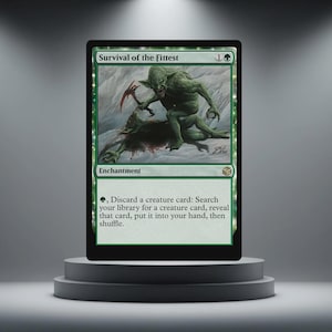 May include: A green "Survival of the Fittest" card. The card shows a green monster with a red axe over a fallen creature. The card text includes "Enchantment" and instructions for play.