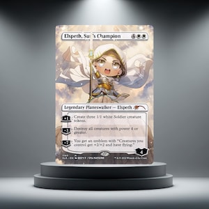 May include: A Magic: The Gathering trading card featuring Elspeth, Sun's Champion. The card displays a chibi-style illustration of a warrior in white armour holding a spear, with text detailing abilities and a loyalty value of 4 at the bottom.