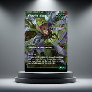 May include: A collectible trading card titled Hexhaven Invigorator, featuring a green Chimera Horror creature with a gaping mouth, surrounded by floating shards of glass. The card displays game text, a 6/6 power and toughness, and mana symbols.