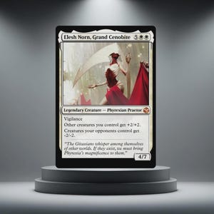 May include: A Magic: The Gathering card featuring Elesh Norn, Grand Cenobite. The card has a black border and a white background with an illustration of a humanoid figure in red and white. Text includes "Legendary Creature - Phyrexian Praetor" and game stats.