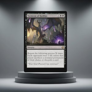 May include: A black Magic: The Gathering card named "Torment of Hailfire." The card displays a dark fantasy illustration of a winged demon with purple and white details. The card text describes a sorcery spell.