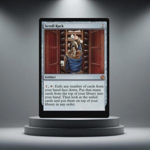 May include: A Magic: The Gathering card named "Scroll Rack." The card shows a person reaching into a wooden cabinet filled with scrolls. The card is an artifact.