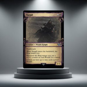 May include: A rectangular Magic: The Gathering trading card titled Nazgûl, featuring a dark illustration of a cloaked figure on horseback. The card has a black border, purple accents, and text detailing the creature type Wraith Knight and abilities.