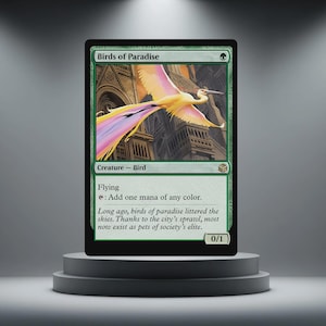 May include: A green Magic: The Gathering card titled "Birds of Paradise." The card shows a bird with yellow, pink, and white feathers flying above a city. The card text includes "Creature - Bird" and "Flying."